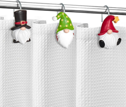 Sunlit Christmas Shower Curtain Hooks, Gnome Shower Curtain Rings, Hand Painted Resin Christmas Decor, Winter Bathroom Decoration, Black Green Red with Star, Set of 12