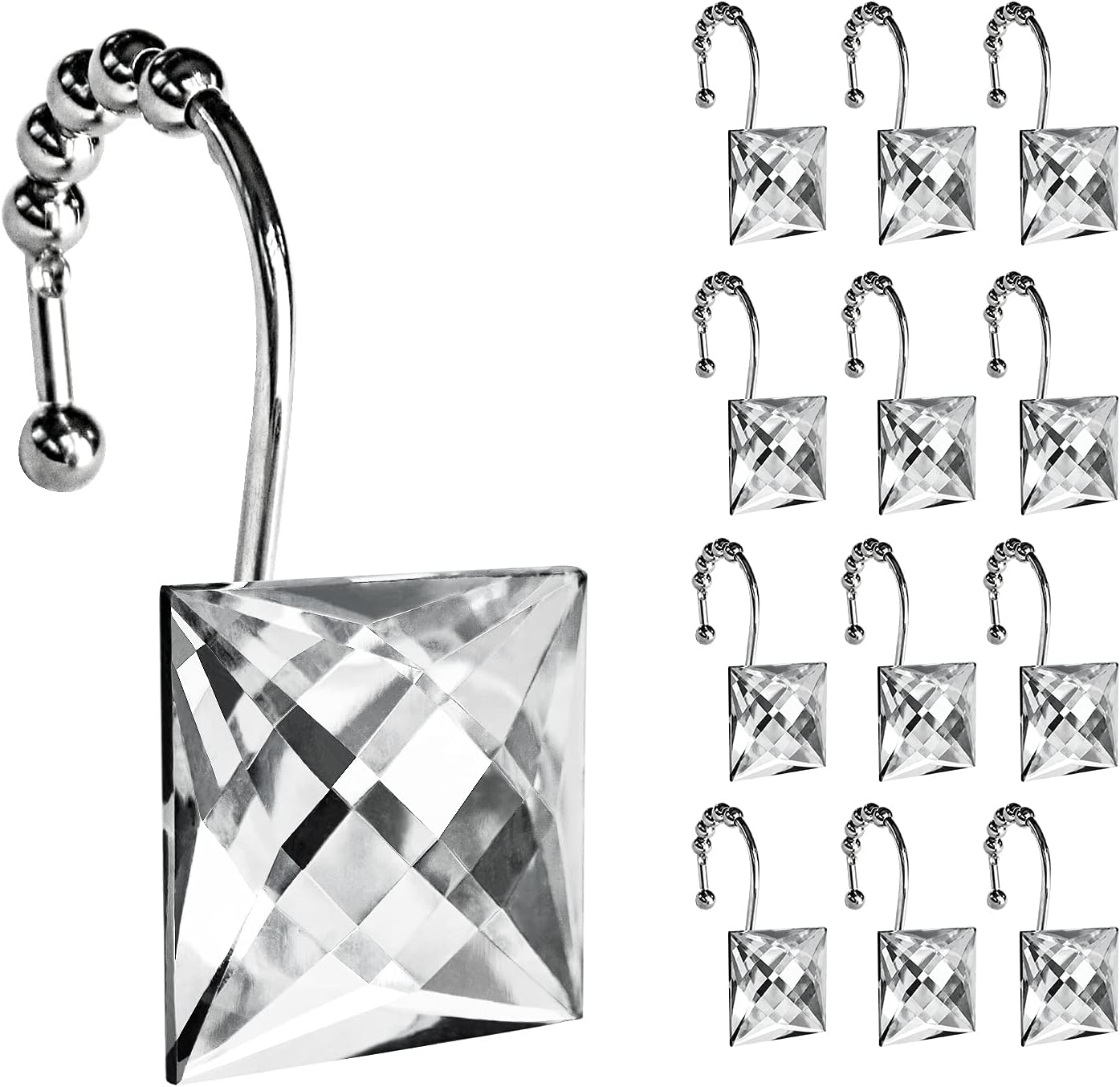 Sunlit Square Rhinestone Shower Curtain Hooks with Glide Balls, 12 Pack