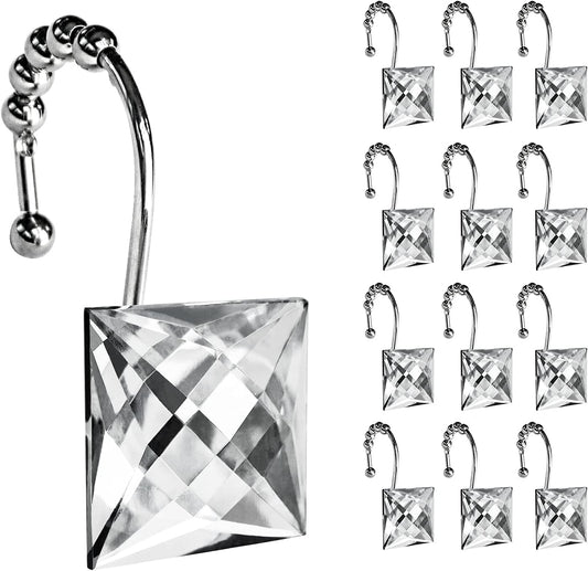 Sunlit Square Rhinestone Shower Curtain Hooks with Glide Balls, 12 Pack