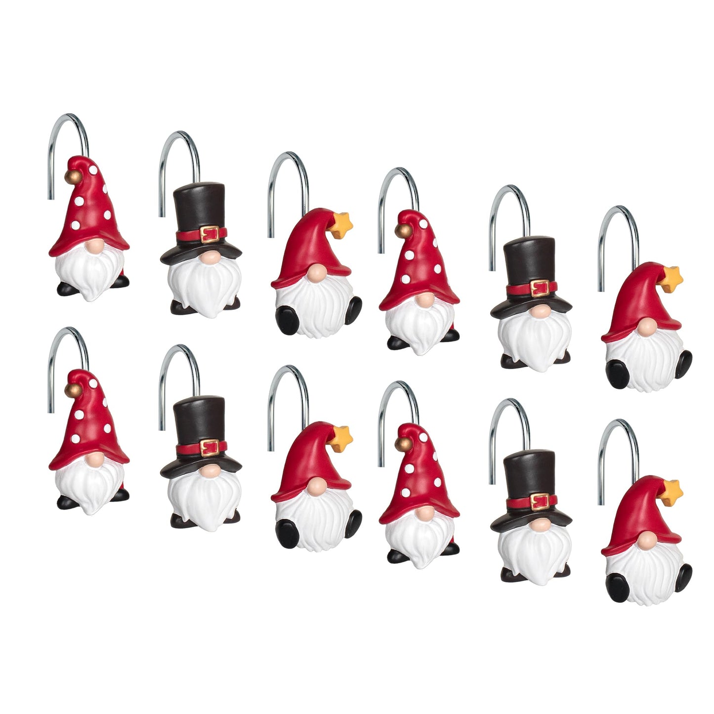 Sunlit Christmas Shower Curtain Hooks, Gnome Shower Curtain Rings, Hand Painted Resin Christmas Decor, Winter Bathroom Decoration, Red Hat with White Polka Dot, Set of 12
