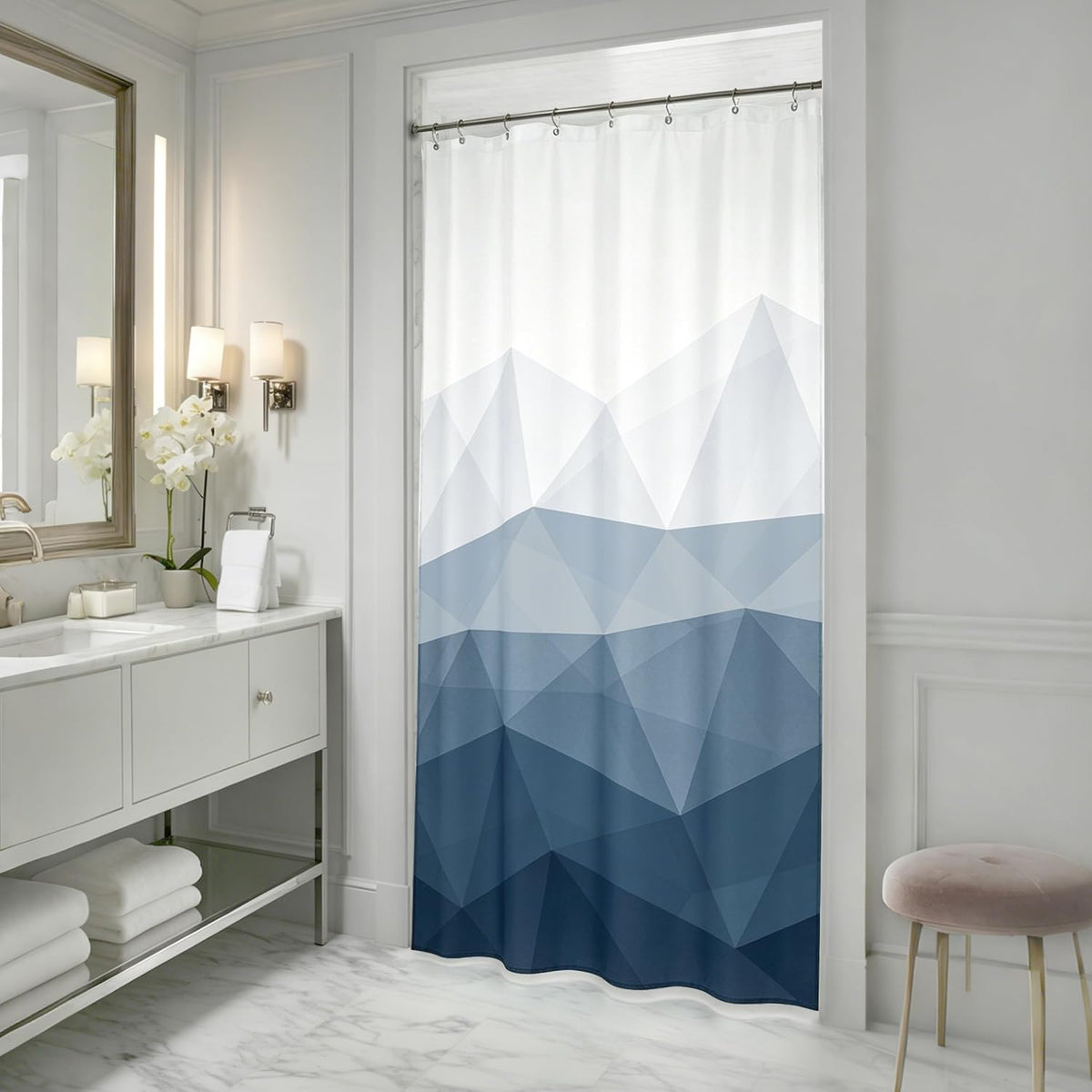 Sunlit Design 36 x 72 Inches Ombre Blue Small Stall Shower Curtain RV Half Size Narrow Bathroom Curtains Contemporary Geometric Fabric Bathroom Decor