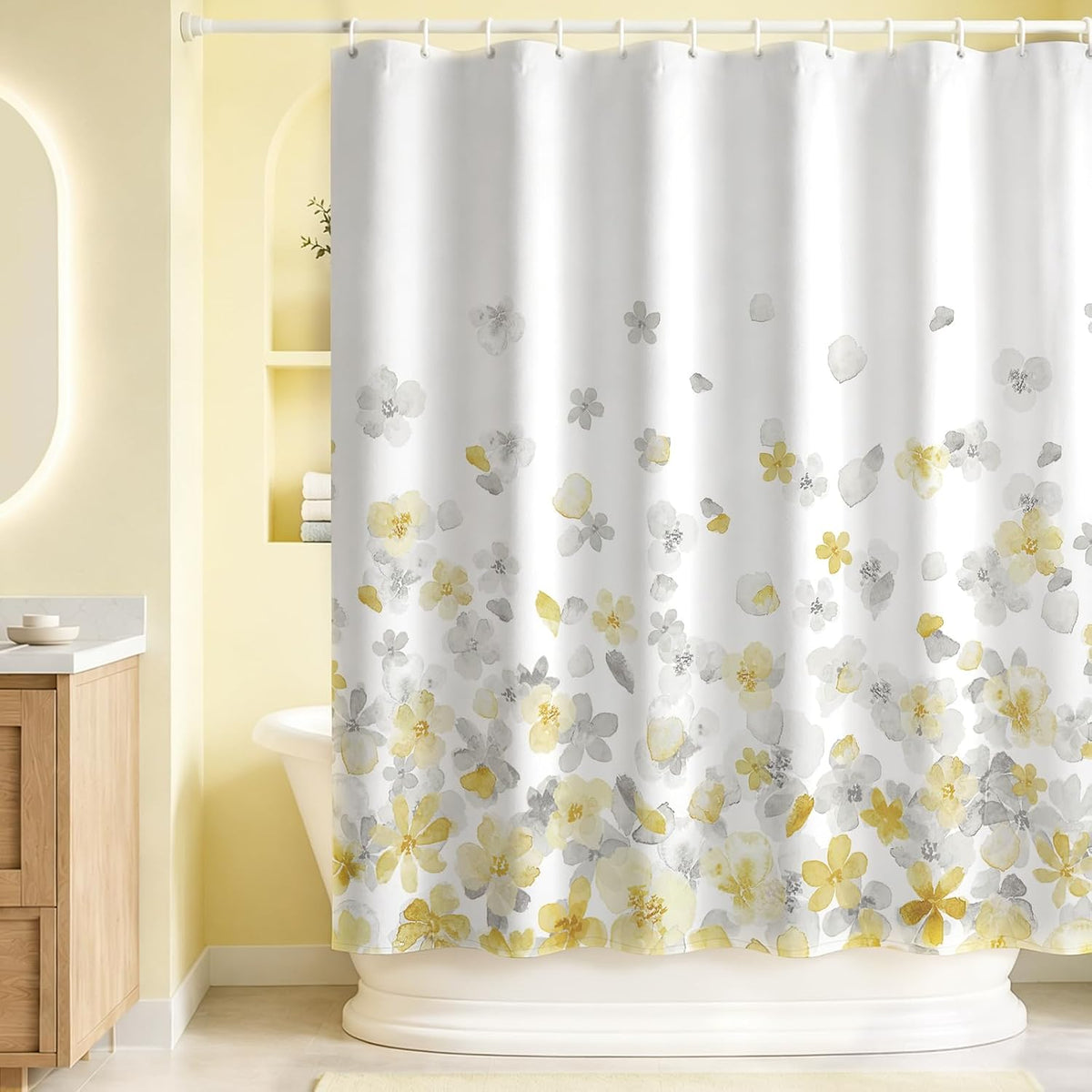 Sunlit Floral Fabric Shower Curtain, Design Simple Style Yellow and Gray Flower Blossoms Shower Curtains for Bathroom Decor with White Background, Machine Washable, 72x72
