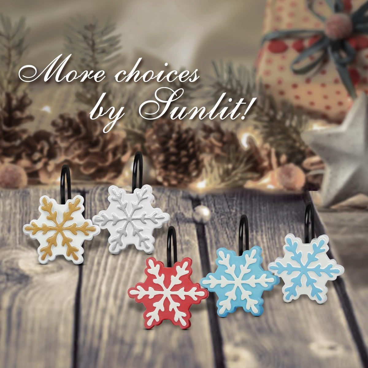 Sunlit Christmas Shower Curtain Hooks Snowflakes Double Shower Curtain Rings, Resin, Red and White Christmas Decor, Winter Bathroom Decoration - 12 Pack