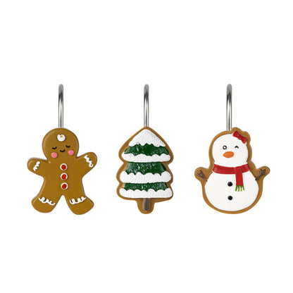Sunlit Christmas Tree Snowman Decorative Shower Curtain Hooks, Green White Shower Curtain Rings, Resin, Xmas Theme Winter Holiday Bathroom Decoration, Set of 12