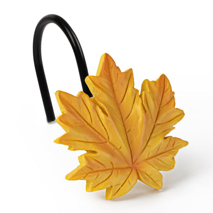 Sunlit Fall Autumn Decorative Shower Curtain Hooks, Pumpkin Maple Leaf Squirrel Acorn Shower Curtain Rings with Black Hooks, Resin, Orange Leaves Cute Bathroom Curtain Hangers Decoration, Set of 12