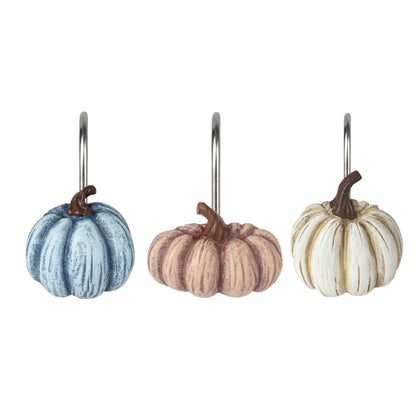 Sunlit Fall Pumpkin Decorative Shower Curtain Hooks, Autumn Harvest Festival Shower Curtain Rings, Resin Farmhouse Bathroom Curtain Hangers Decoration, Set of 12, Orange Blue White