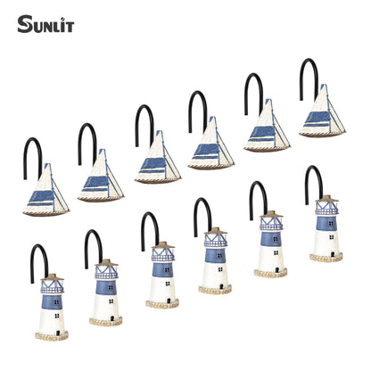 Sunlit Nautical Shower Curtain Hooks, Home Decorative Coastal Shower Curtain Rings for Bathroom, Resin, Ocean Shower Curtain Hanger Hooks for Living Room, Set of 12, Blue Lighthouse Sailboat