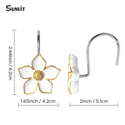 Sunlit Flower Shower Curtain Hooks, Home Decorative Shower Curtain Rings for Bathroom, Resin, White with Gold Edges Floral Shower Curtain Hanger Hooks for Living Room, Set of 12