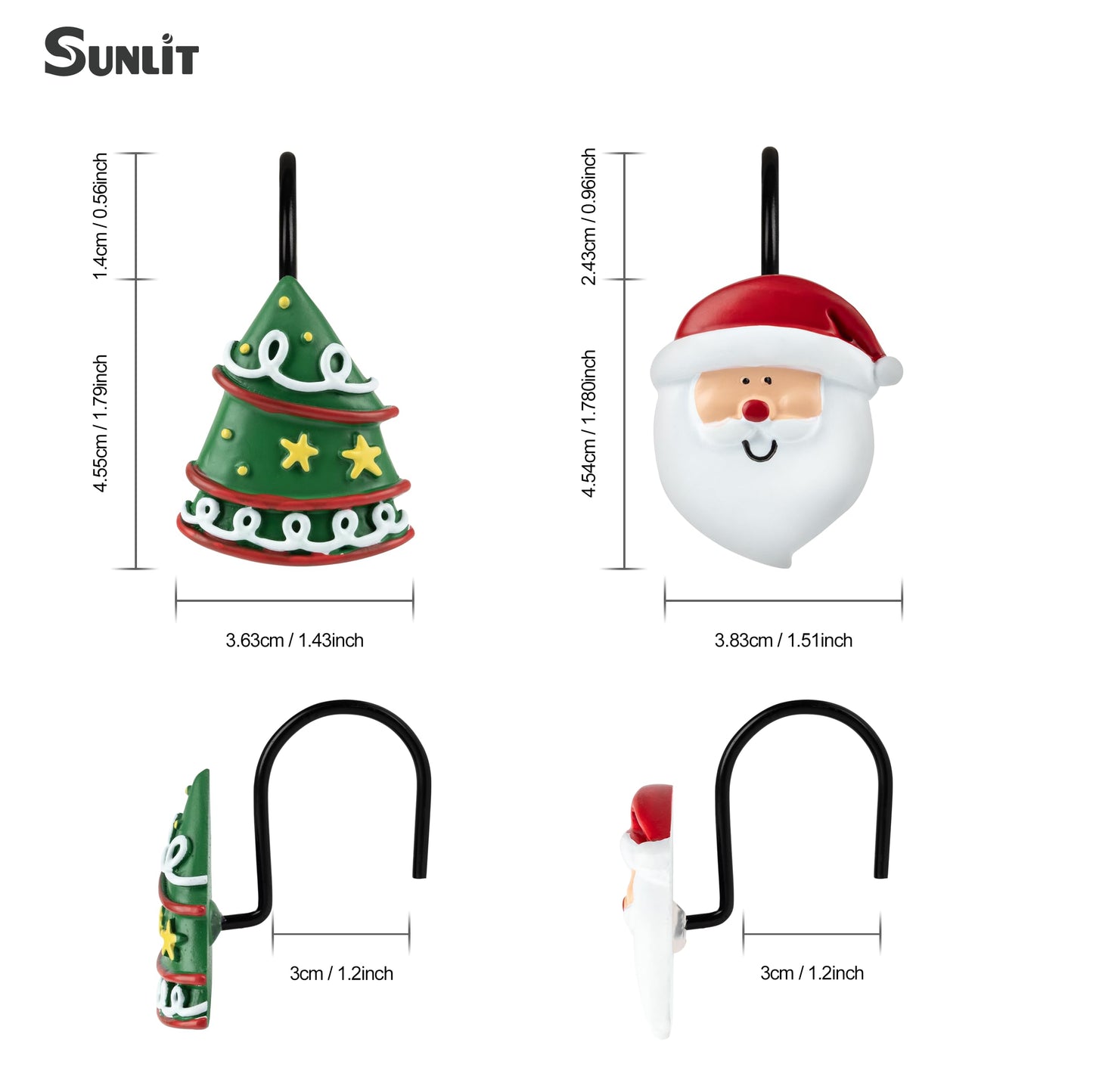 Sunlit Merry Christmas Shower Curtain Hooks Smiling Santa Claus Shower Curtain Rings, Resin, Christmas Decor, Winter Bathroom Decoration - 12 Pack