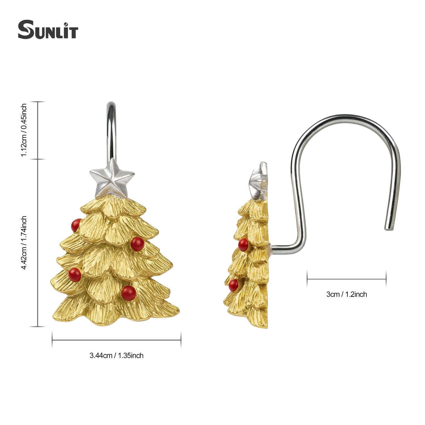 Sunlit Christmas Tree Decorative Shower Curtain Hooks with Star, Green Shower Curtain Rings, Resin, Xmas Theme Winter Holiday Bathroom Decoration, Set of 12