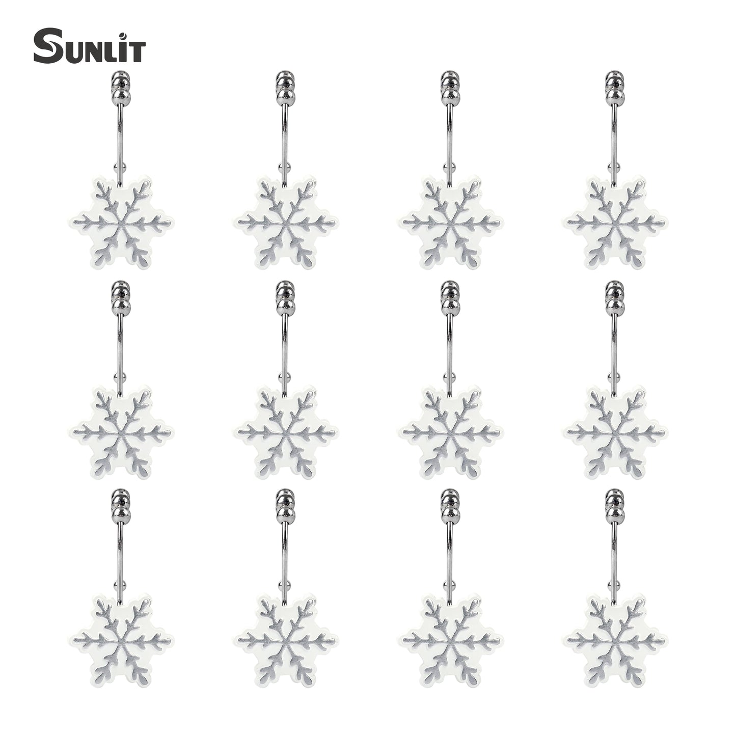 Sunlit Christmas Shower Curtain Hooks Snowflakes Double Shower Curtain Rings, Resin, Red and White Christmas Decor, Winter Bathroom Decoration - 12 Pack