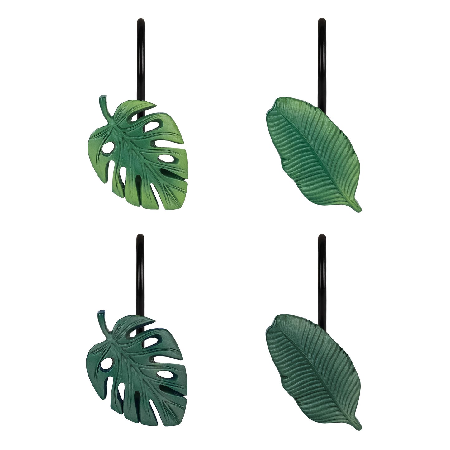 Tropical Leaf Decorative Shower Curtain Hooks Green Botanical Shower Curtain Rings, Resin, Monstera Deliciosa Leaves Shower Curtain Hangers for Bathroom, Set of 12
