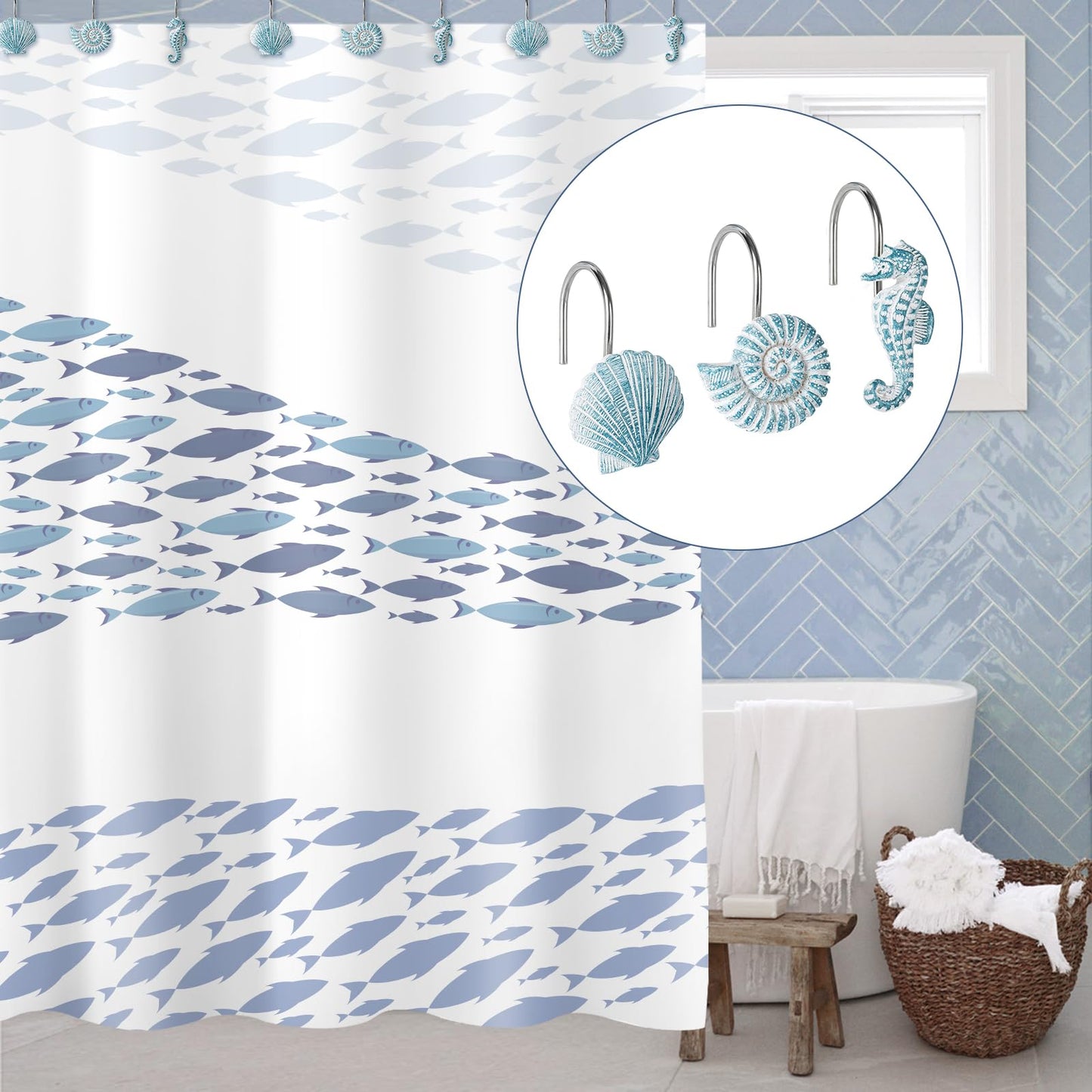 Sunlit Seashells Decorative Shower Curtain Hooks, Aqua Blue Ocean Creatures Coastal Shower Curtain Rings with Black Hooks, Resin, Nautical Bathroom Decoration Beach Shower Curtain Hooks, Set of 12