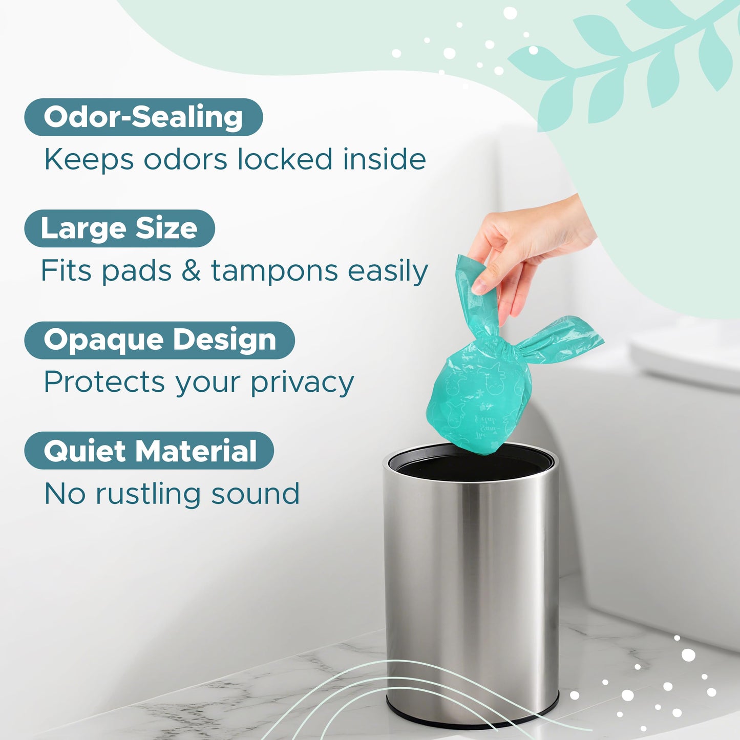 Sunlit No-Touch Feminine Hygiene Disposal Bags, Hygienic Odor-Reducing and Discreet Solution for Tampons Pads Liners and More, Size L - 20 Count