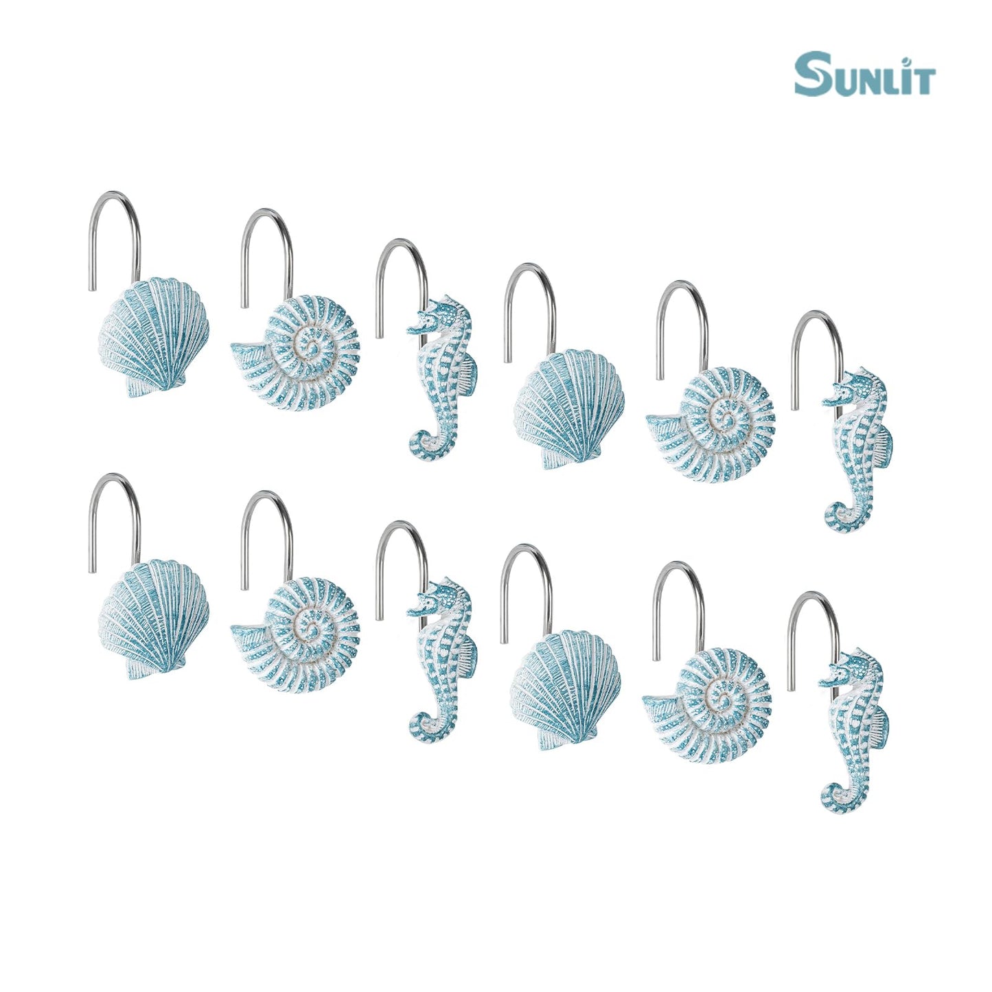 Sunlit Seashells Decorative Shower Curtain Hooks, Aqua Blue Ocean Creatures Coastal Shower Curtain Rings with Black Hooks, Resin, Nautical Bathroom Decoration Beach Shower Curtain Hooks, Set of 12