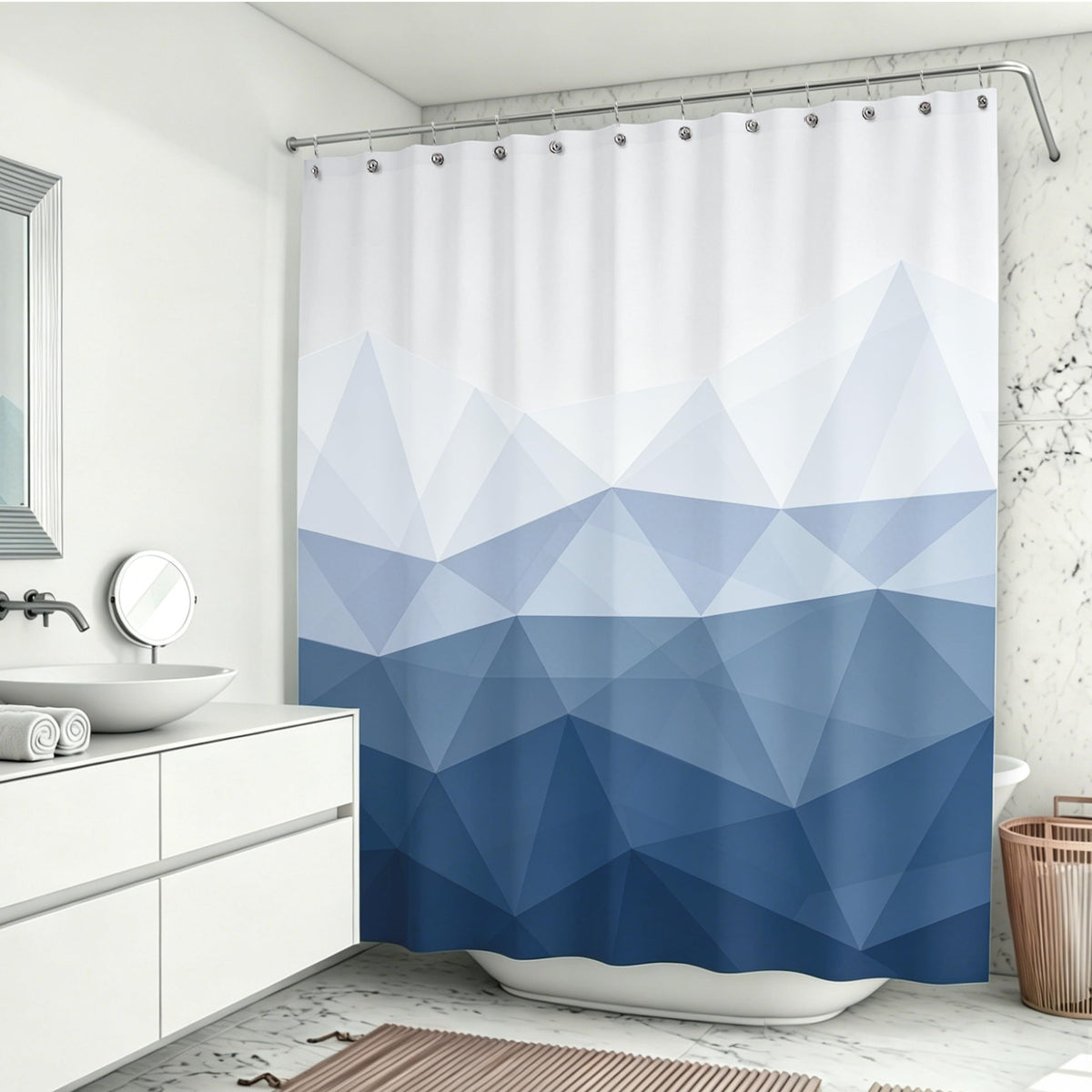 Sunlit Design 36 x 72 Inches Ombre Blue Small Stall Shower Curtain RV Half Size Narrow Bathroom Curtains Contemporary Geometric Fabric Bathroom Decor