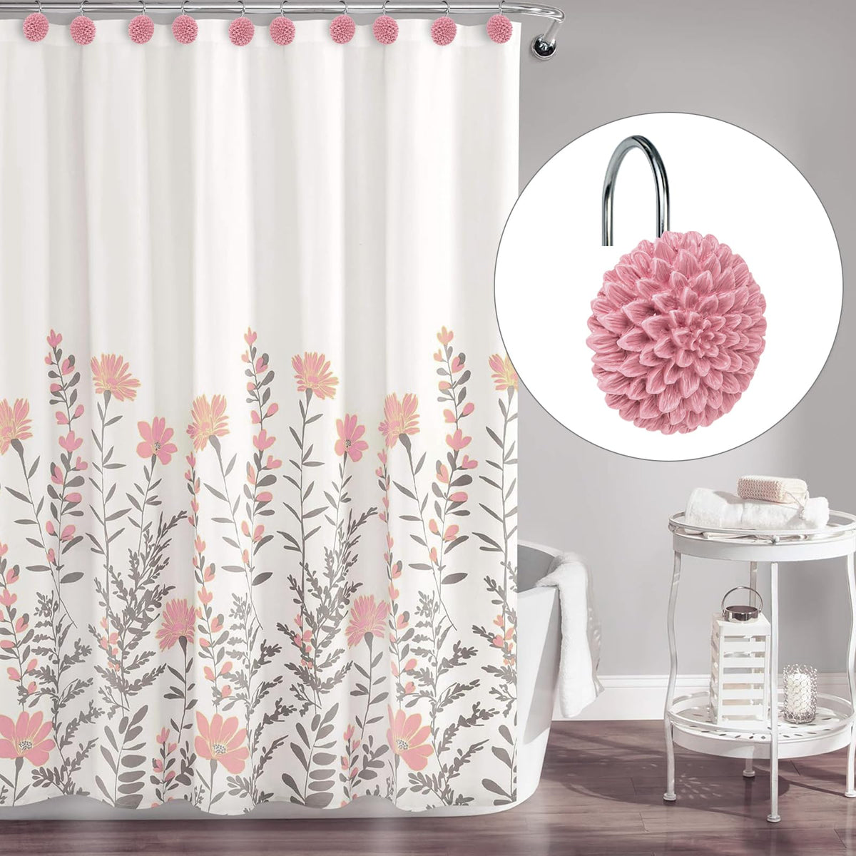 Sunlit Decorative Floral Shower Curtain Hooks, Turquoise Dahlia Pinnata Flower Shower Curtain Rings, Resin, Bathroom Decoration Blue Shower Curtain Hooks-12 Pack