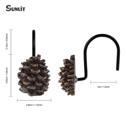 Sunlit Snowy Pinecone Shower Curtain Hooks Set of 12, Snow-Tipped Pine Cone Curtain Rings for Christmas Winter Bathroom Decor, Rustic Decorative Resin Bath Accessories