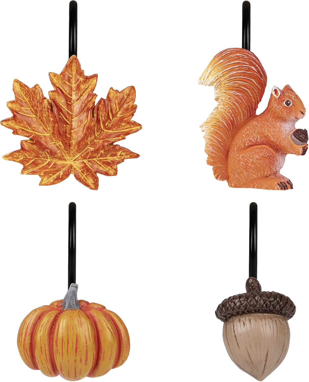 Sunlit Fall Autumn Decorative Shower Curtain Hooks, Pumpkin Maple Leaf Squirrel Acorn Shower Curtain Rings with Black Hooks, Resin, Orange Leaves Cute Bathroom Curtain Hangers Decoration, Set of 12