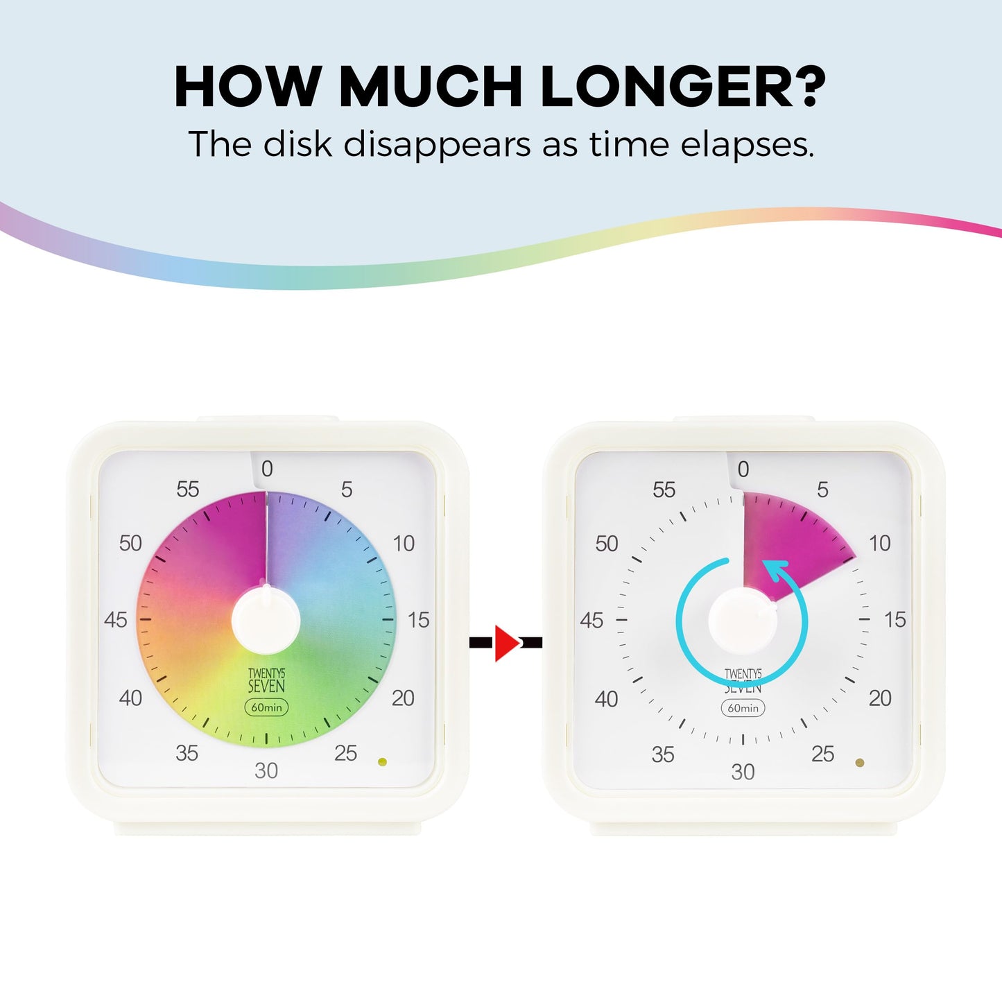 TWENTY5 SEVEN Countdown Timer, 60 Minute 1 Hour Silent Visual Timer, Magnetic Classroom Teaching Tool Office Meeting, Countdown Clock for Kids Time Management, Concentric Rainbow