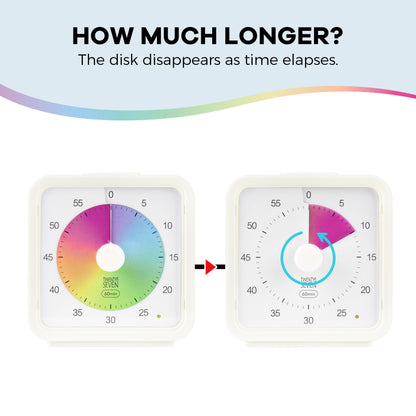 TWENTY5 SEVEN Countdown Timer, 60 Minute 1 Hour Silent Visual Timer, Magnetic Classroom Teaching Tool Office Meeting, Countdown Clock for Kids Time Management, Concentric Rainbow