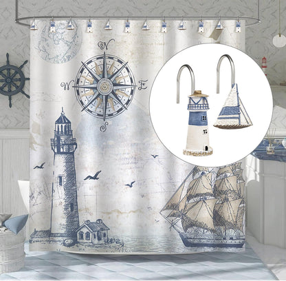 Sunlit Nautical Shower Curtain Hooks, Home Decorative Coastal Shower Curtain Rings for Bathroom, Resin, Ocean Shower Curtain Hanger Hooks for Living Room, Set of 12, Blue Lighthouse Sailboat