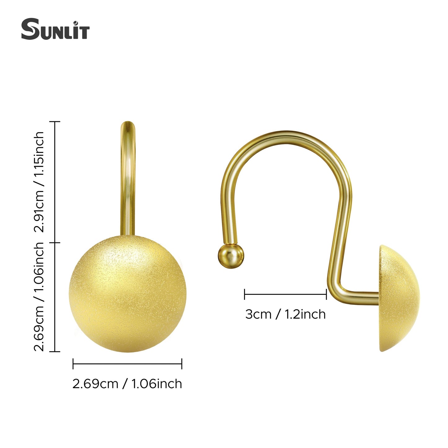 Sunlit Gold Shower Curtain Hooks, Square Metal Home Decorative Shower Curtain Rings for Bathroom, Modern Shower Curtain Hangers Bathroom Accessories, Set of 12
