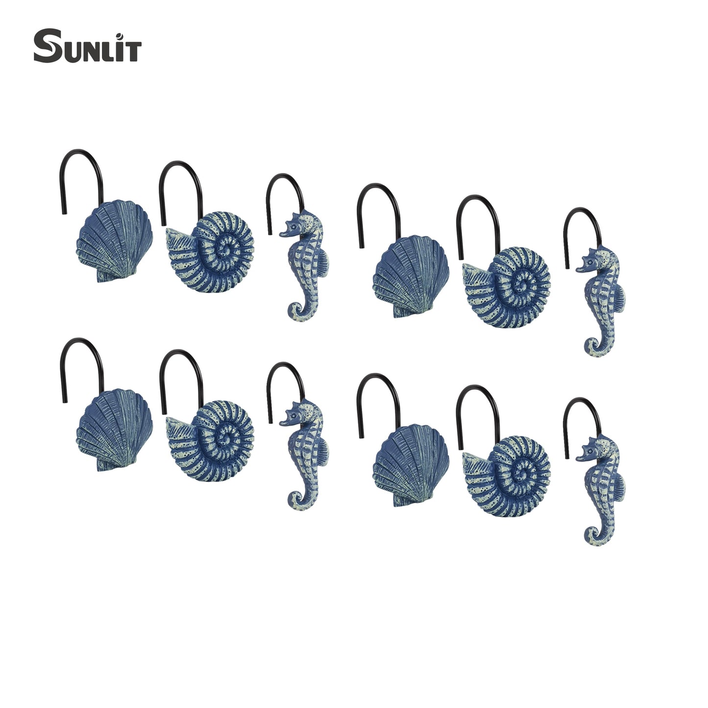 Sunlit Seashells Decorative Shower Curtain Hooks, Aqua Blue Ocean Creatures Coastal Shower Curtain Rings with Black Hooks, Resin, Nautical Bathroom Decoration Beach Shower Curtain Hooks, Set of 12