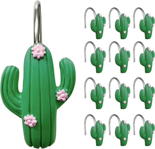 Sunlit Tropical Cactus Decorative Shower Curtain Hooks, Green Cactus Flowers Blossom Shower Curtain Rings, Resin, Summer Bathroom Decoration - 12 Pack