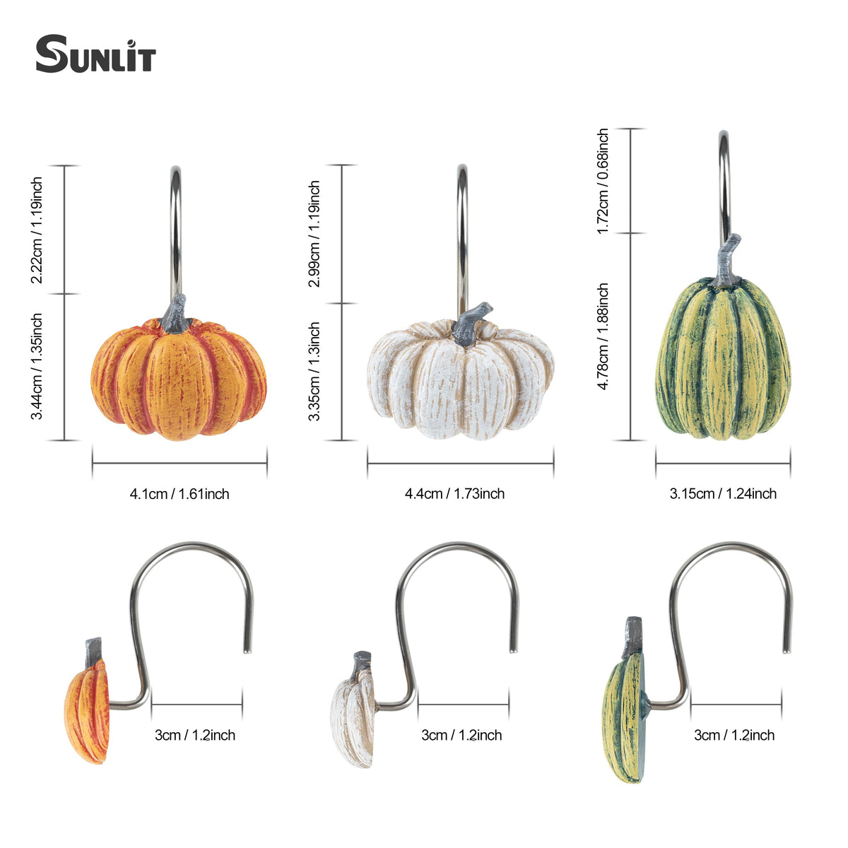 Sunlit Fall Pumpkin Decorative Shower Curtain Hooks, Autumn Harvest Festival Shower Curtain Rings, Resin Farmhouse Bathroom Curtain Hangers Decoration, Set of 12, Orange Blue White