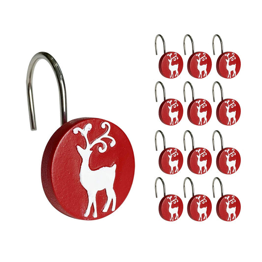 Sunlit Merry Christmas Shower Curtain Hooks White Reindeer Red Shower Curtain Rings, Resin, Winter Bathroom Decoration - 12 Pack