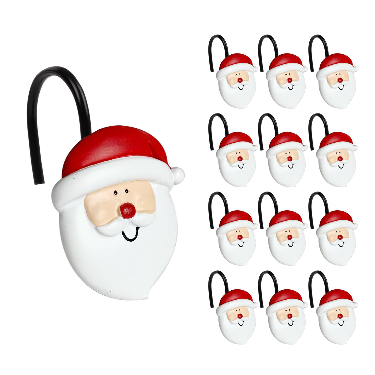 Sunlit Merry Christmas Shower Curtain Hooks Smiling Santa Claus Shower Curtain Rings, Resin, Christmas Decor, Winter Bathroom Decoration - 12 Pack