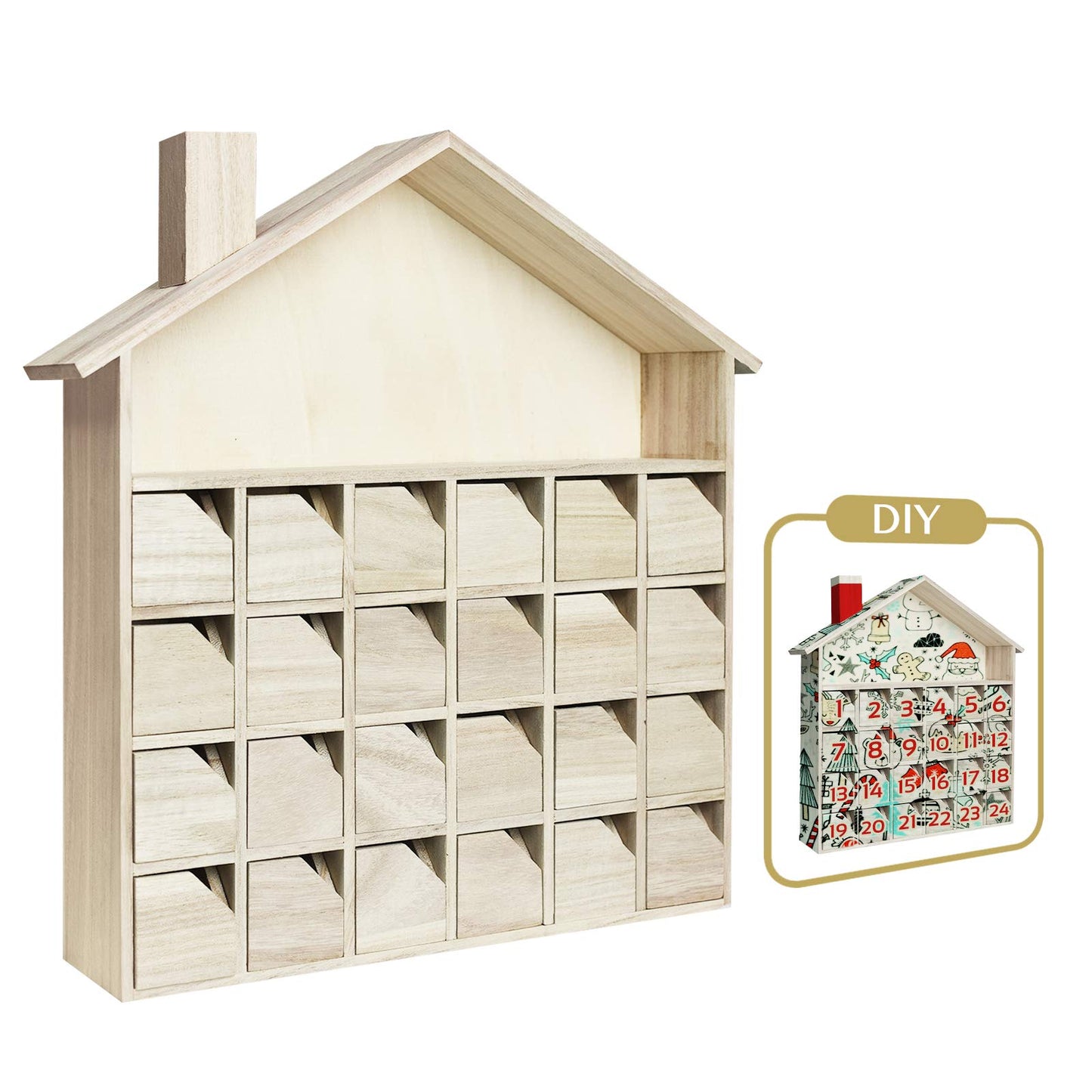 Sunlit Christmas Wooden Advent Calendar with Drawers, Unfinished Wooden, House Shaped Countdown Calendar Ready to Decorate and Personalize | Craft Storage Box | DIY Guru and Crafters