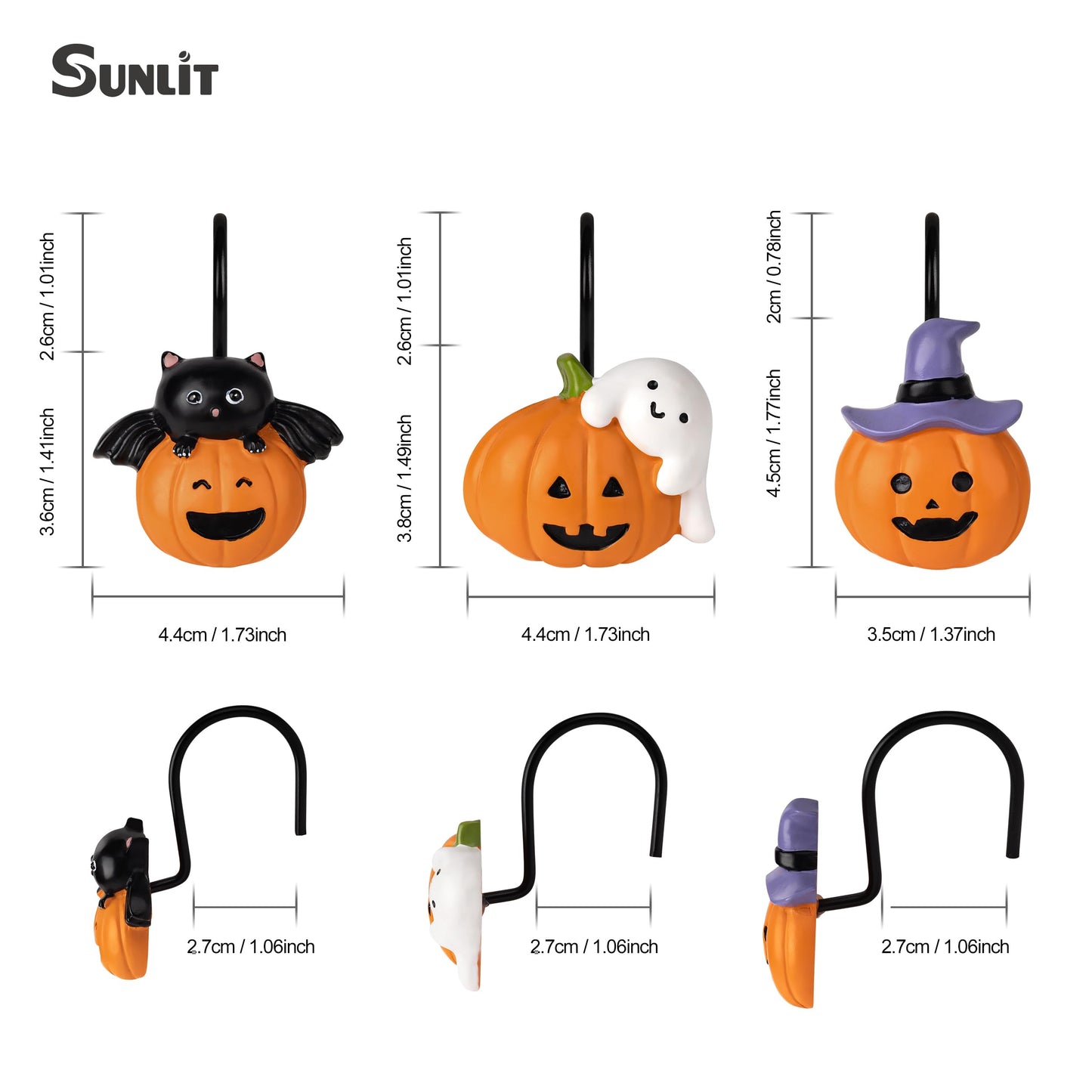 Sunlit Halloween Ghost and Pumpkin Shower Curtain Hooks Set of 12, Cute Jack O Lantern and White Ghost Curtain Rings for Bathroom, Spooky Decorative Bath Accessories