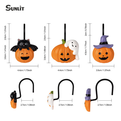 Sunlit Halloween Ghost and Pumpkin Shower Curtain Hooks Set of 12, Cute Jack O Lantern and White Ghost Curtain Rings for Bathroom, Spooky Decorative Bath Accessories