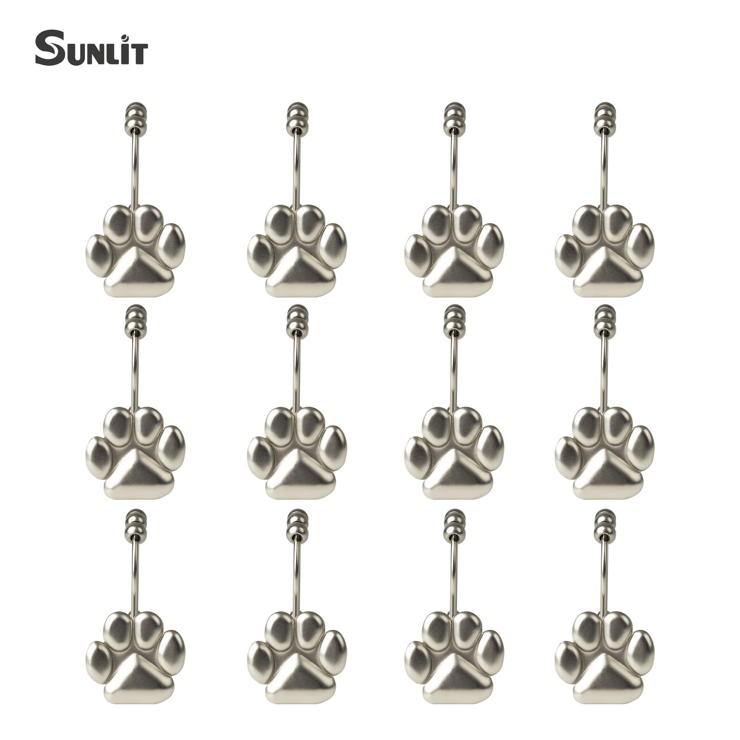 Sunlit Fashion Design Cute Paw Print Polished Shower Curtain Hooks for Dog Cat and Bear, Rust Proof Oil Rubbed Metal Shower Curtain Rings-12 Pack