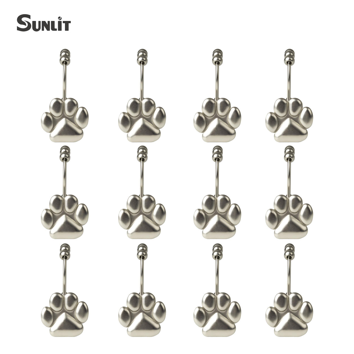Sunlit Fashion Design Cute Paw Print Polished Double Shower Curtain Hooks for Dog Cat and Bear, Rust Proof Oil Metal Shower Curtain Rings, Black-12 Pack
