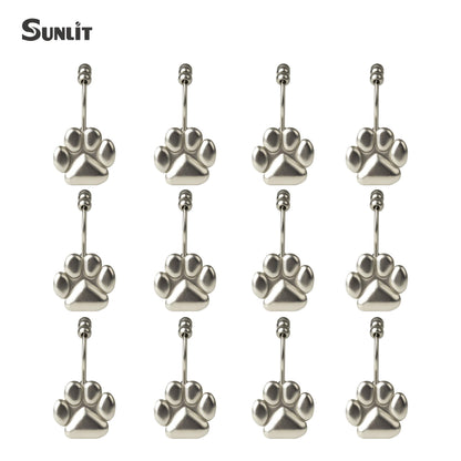 Sunlit Fashion Design Cute Paw Print Polished Double Shower Curtain Hooks for Dog Cat and Bear, Rust Proof Oil Metal Shower Curtain Rings, Black-12 Pack