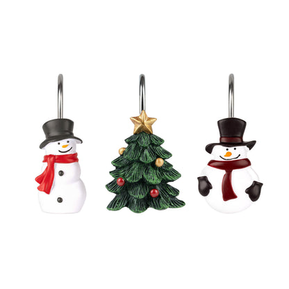 Sunlit Christmas Tree Snowman Decorative Shower Curtain Hooks, Green White Shower Curtain Rings, Resin, Xmas Theme Winter Holiday Bathroom Decoration, Set of 12