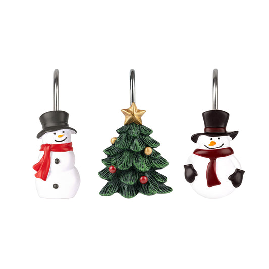 Sunlit Christmas Tree Snowman Decorative Shower Curtain Hooks, Green White Shower Curtain Rings, Resin, Xmas Theme Winter Holiday Bathroom Decoration, Set of 12