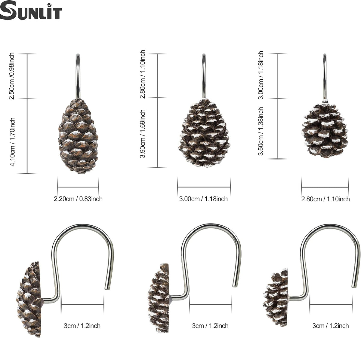 Sunlit Snowy Pinecone Shower Curtain Hooks Set of 12, Snow-Tipped Pine Cone Curtain Rings for Christmas Winter Bathroom Decor, Rustic Decorative Resin Bath Accessories