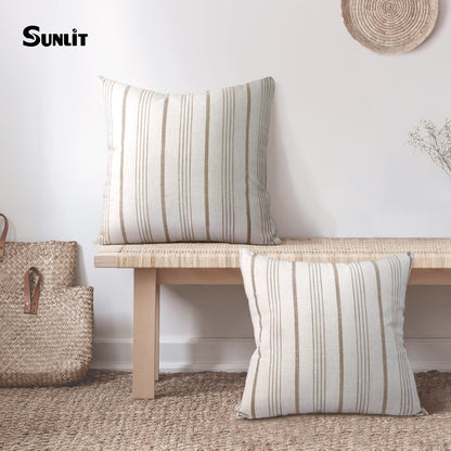 Sunlit Decorative Farmhouse Throw Pillow Case, Set of 2 Cream/Off-White with Black Stripes Modern Accent Square Pillow Cover, 22" x 22", Textured Linen Throw Cushion Covers for Couch Chair Bedroom