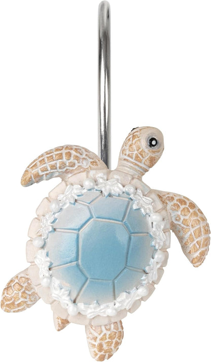 Sunlit Sea Turtle Shower Curtain Hooks with Pearl Accents, Nautical Home Decorative Shower Curtain Rings, Hand-Painted Resin, Cute Ocean Shower Curtain Hanger Hooks for Kids Bathroom, Set of 12