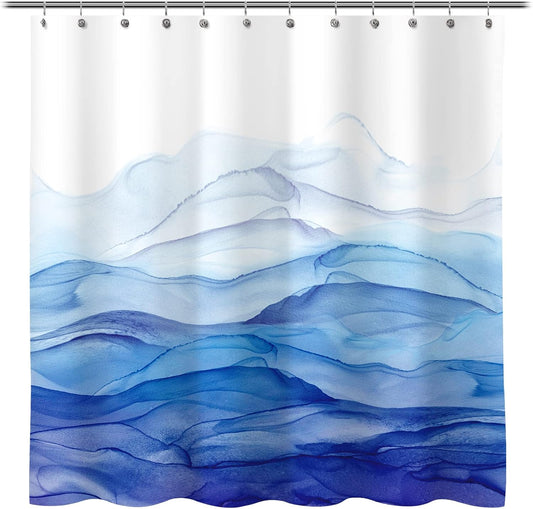 Sunlit Ombre Blue Watercolor Textured Slubbed Fabric Shower Curtain, Abstract Ocean Wave Shower Curtains for Bathroom Decoration, 72x72