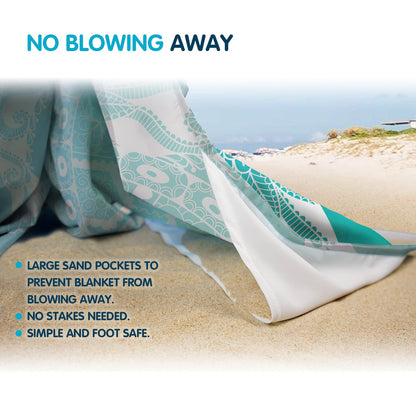 Sunlit 106"x81" Large Soft Sand Poof Beach Blanket with Corner Pockets and Mesh Bag for Beach Party, Travel, Camping and Outdoor Picnic, Light Weight and Portable, Sea Turtle Blue Wave