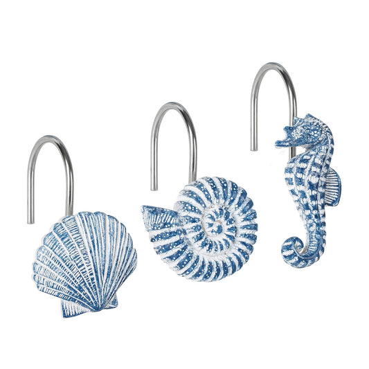 Sunlit Seashells Decorative Shower Curtain Hooks, Blue Ocean Creatures Coastal Shower Curtain Rings with Black Hooks, Resin, Nautical Bathroom Decoration Beach Shower Curtain Hooks, Set of 12
