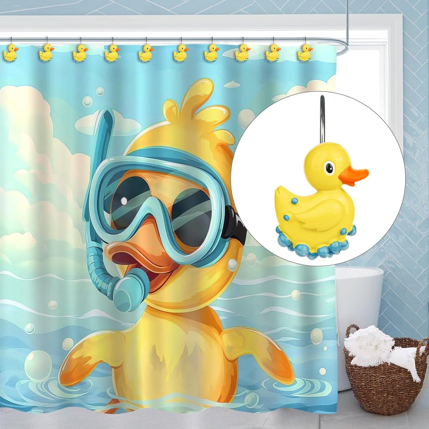 Sunlit Cute Shower Curtain Hooks for Kids, Home Decorative Bubble Duck Shower Curtain Rings for Bathroom, Resin, Fun Shower Curtain Hanger Hooks for Living Room, Set of 12, Yellow