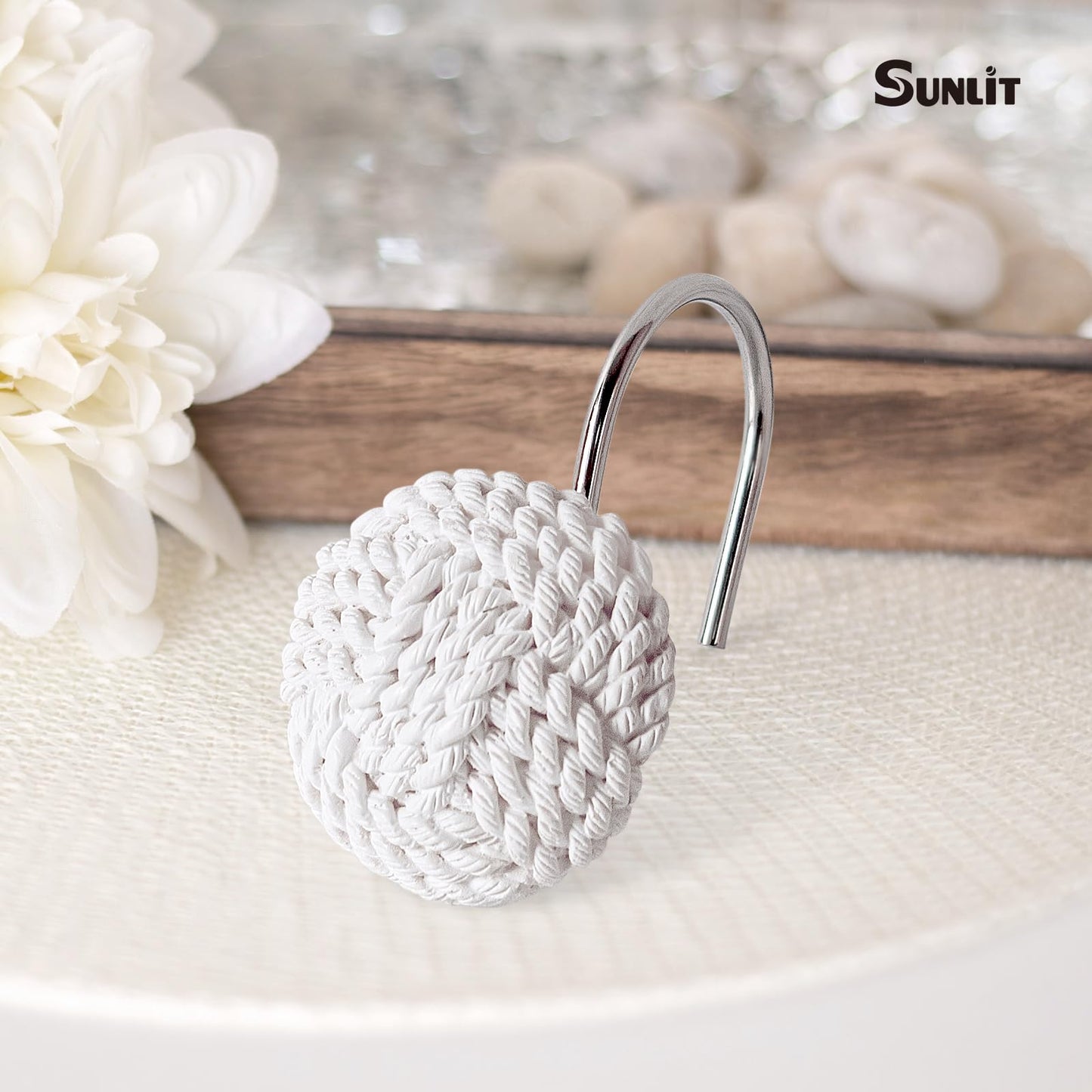 Sunlit Boho Knots Double Shower Curtain Hooks, Home Decorative White Shower Curtain Rings for Bathroom, Seaside Nautical Shower Curtain Hangers Bathroom Accessories, Set of 12