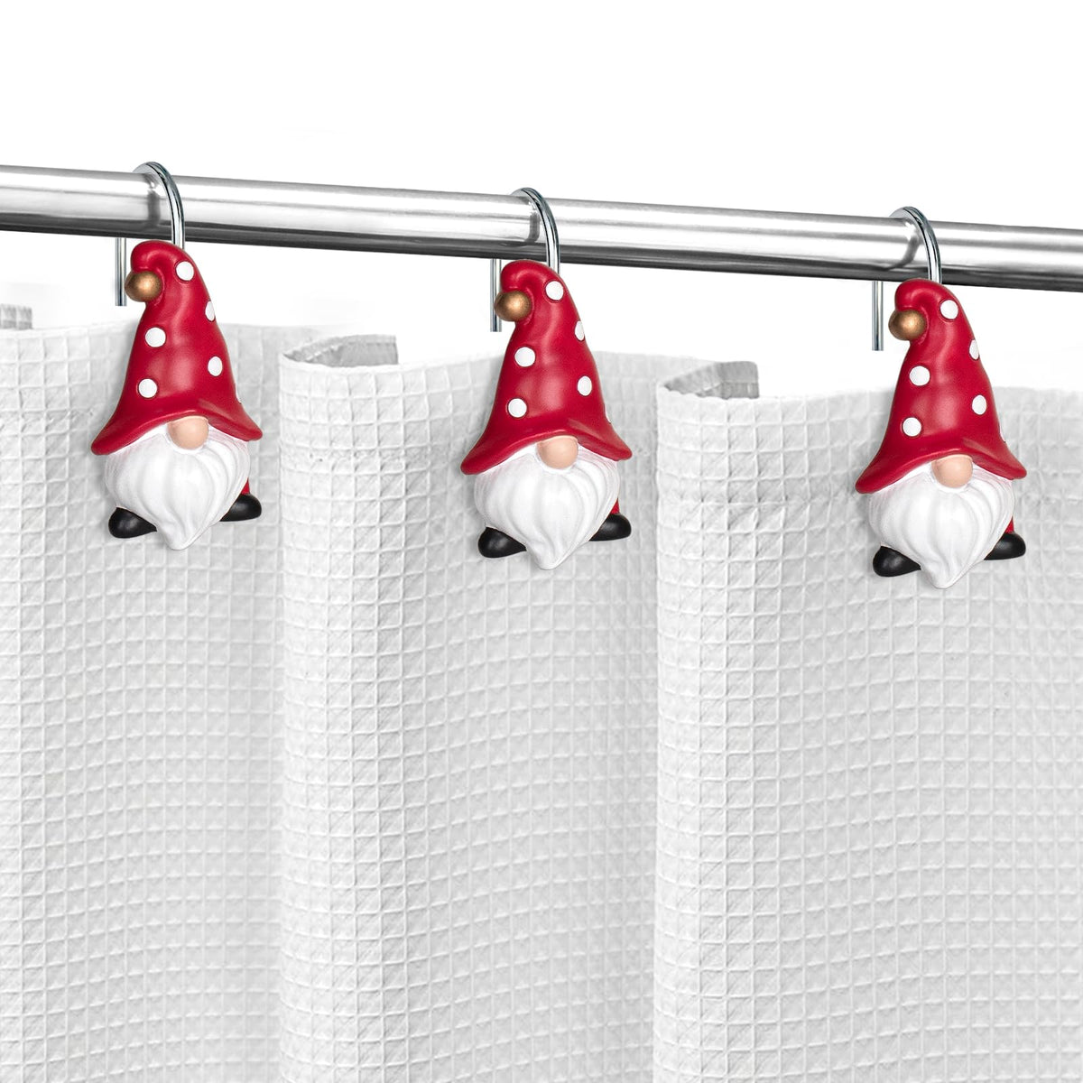 Sunlit Christmas Shower Curtain Hooks, Gnome Shower Curtain Rings, Hand Painted Resin Christmas Decor, Winter Bathroom Decoration, Black Green Red with Star, Set of 12