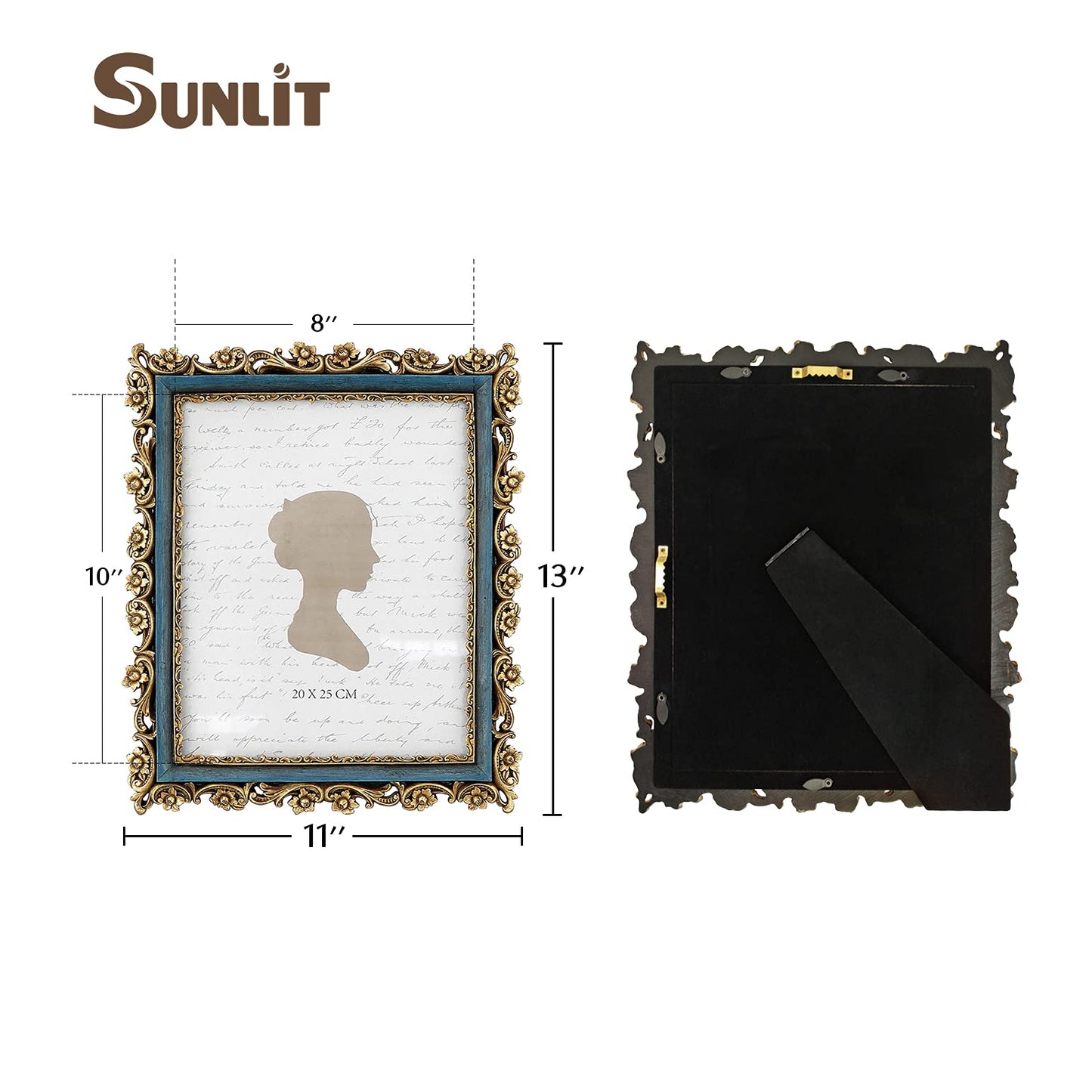 Sunlit Vintage Picture Frame 4x6 Inch, Luxury Antique Photo Frames with Glass Front, Photo Display, Tabletop Wall Hanging, Gift Ideas, Retro Blue and Gold